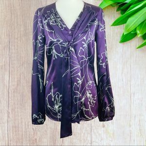 Banana Republic Plum and Gray Floral Pussy Bow V-Neck Blouse